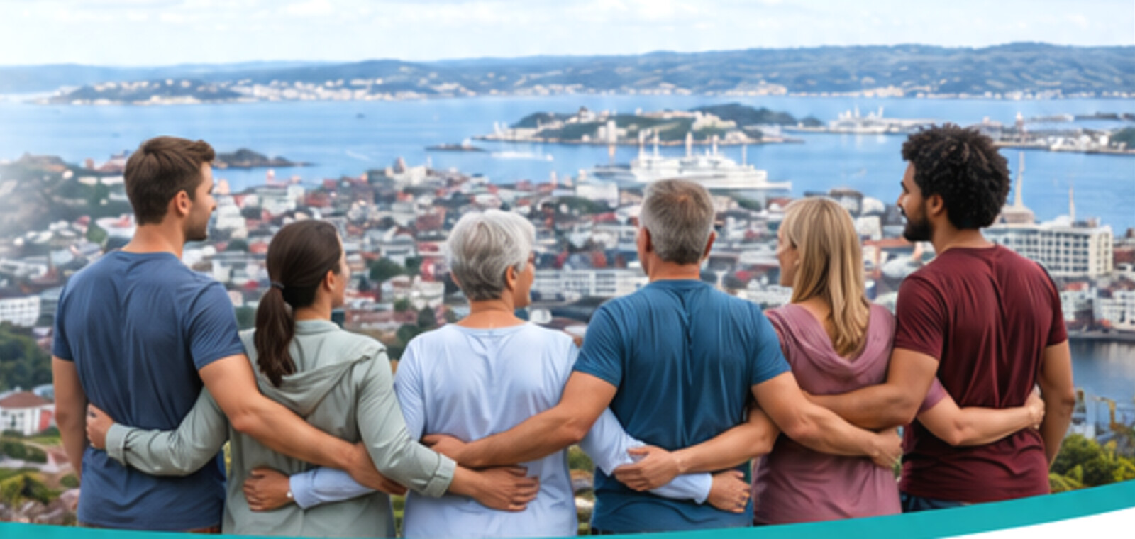 Seks personer sett bakfra med utsikt over Haugesund